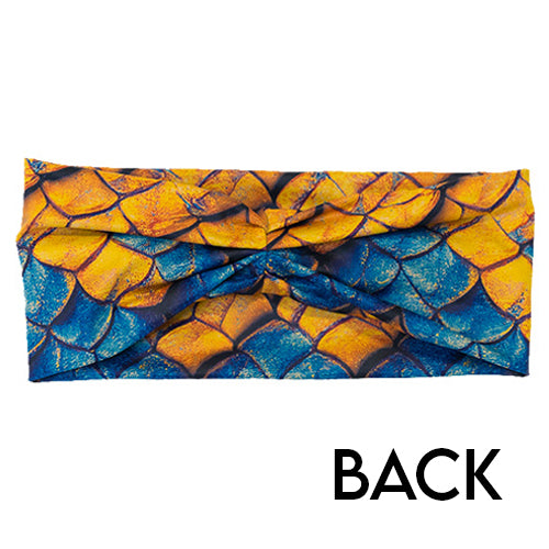 back of blue and yellow dragon scale print headband