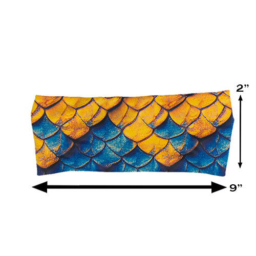 blue and yellow dragon scale print headband measured at 2 by 9 inches