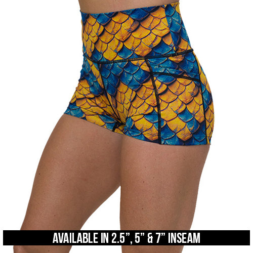 blue and yellow dragon scale print shorts available inseams