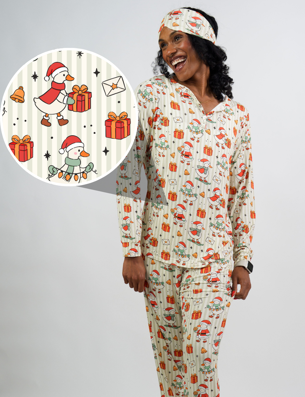 model wearing the  ducks with santa hats surrounded by presents striped pajama top and bottoms, with a close up of the design in more detail
