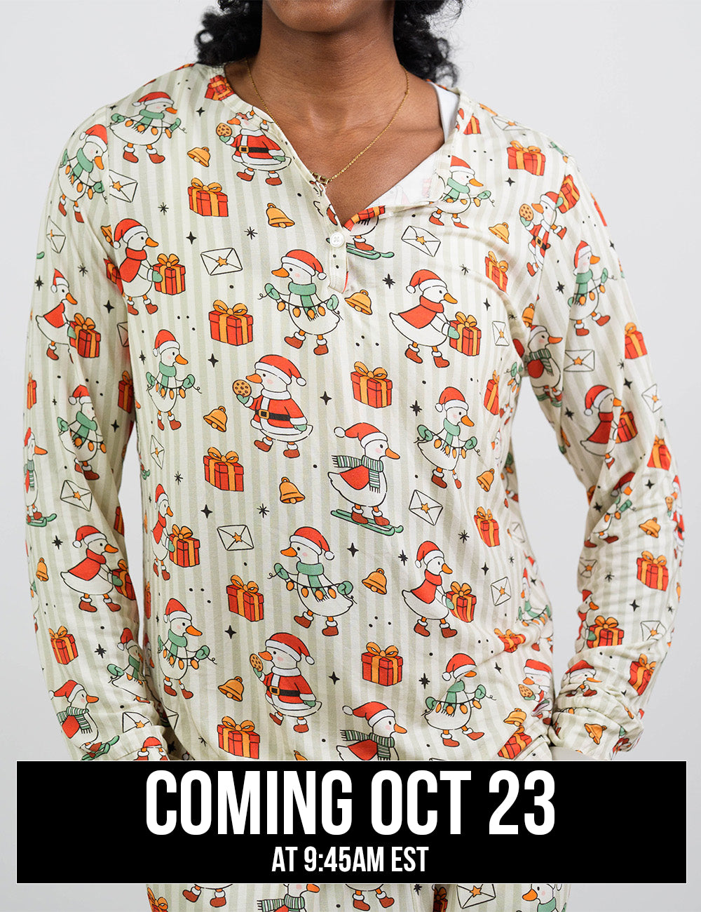 front of the ducks with santa hats surrounded by presents striped pajama top, coming October 23