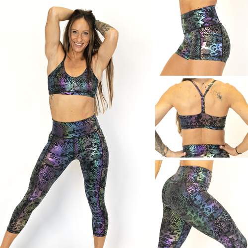 a collage showing black glisten here leggings on a model. Along with close up shots of the shorts, bras, and leggings.