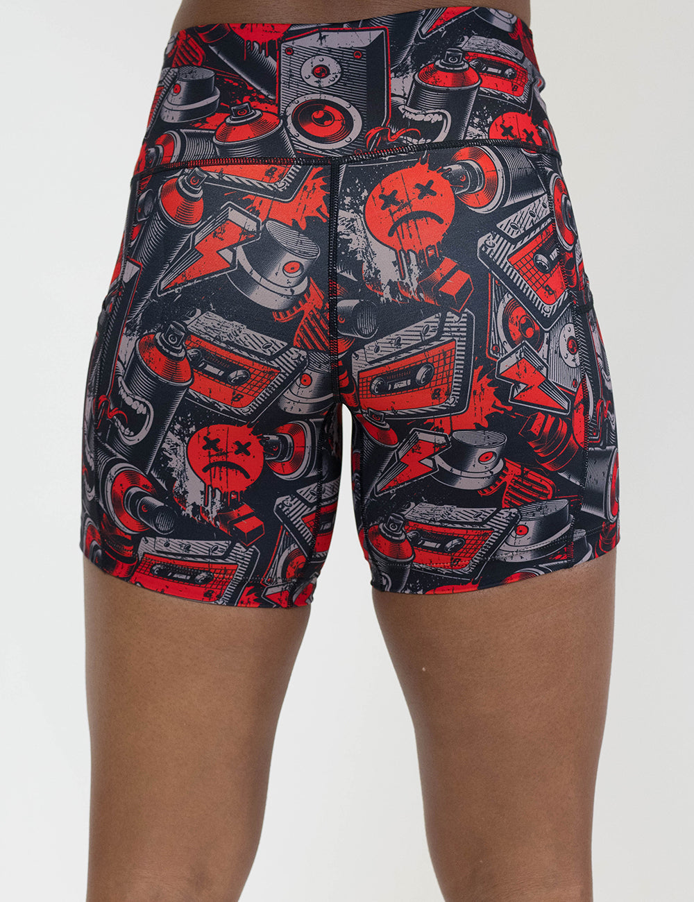 back of the 5 inch graffiti patterned shorts against a white background