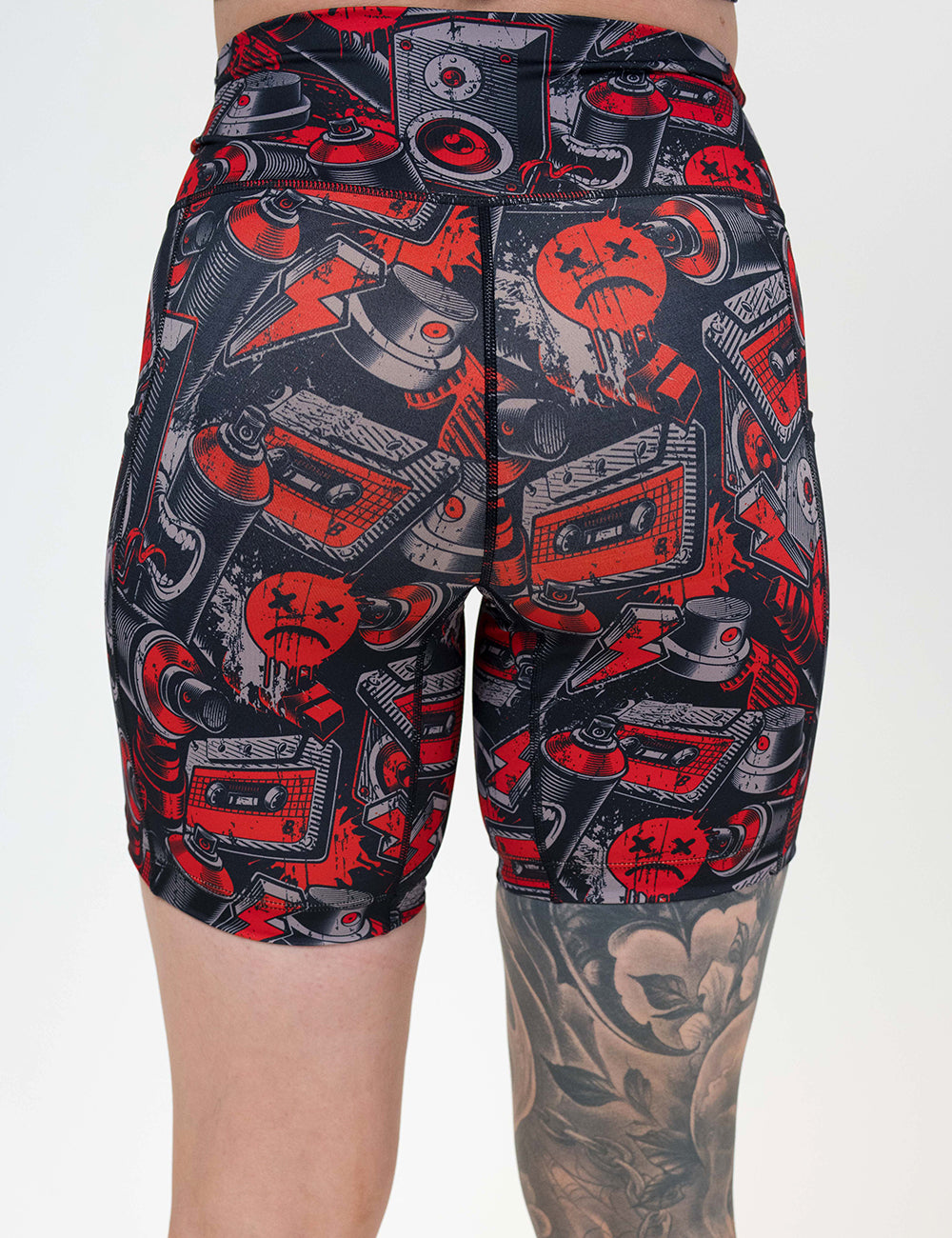 back of the 7 inch graffiti patterned shorts against a white background