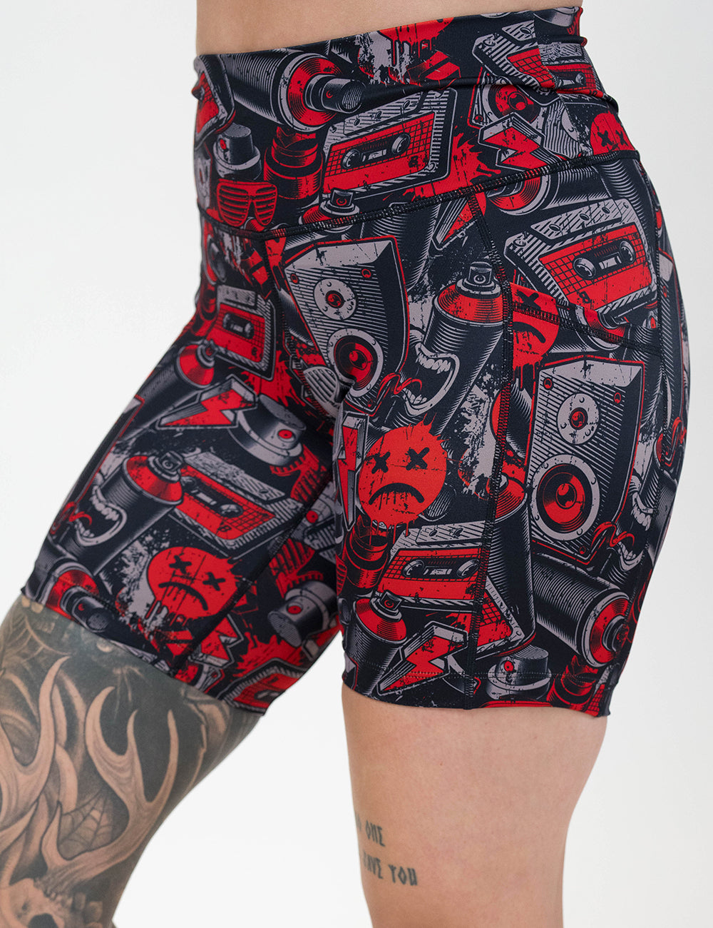 front of the 7 inch graffiti patterned shorts against a white background