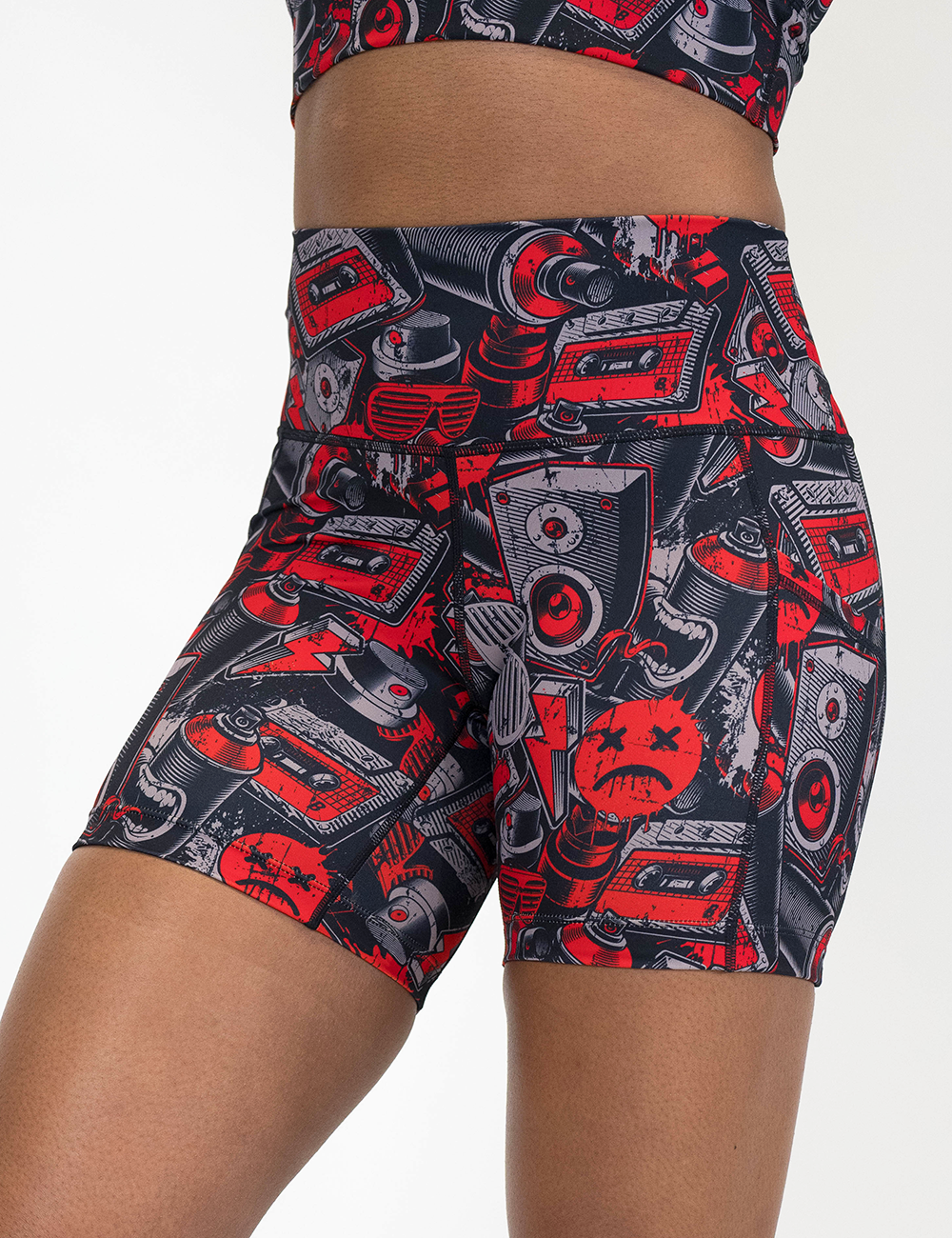 front of the 5 inch graffiti patterned shorts against  a white background