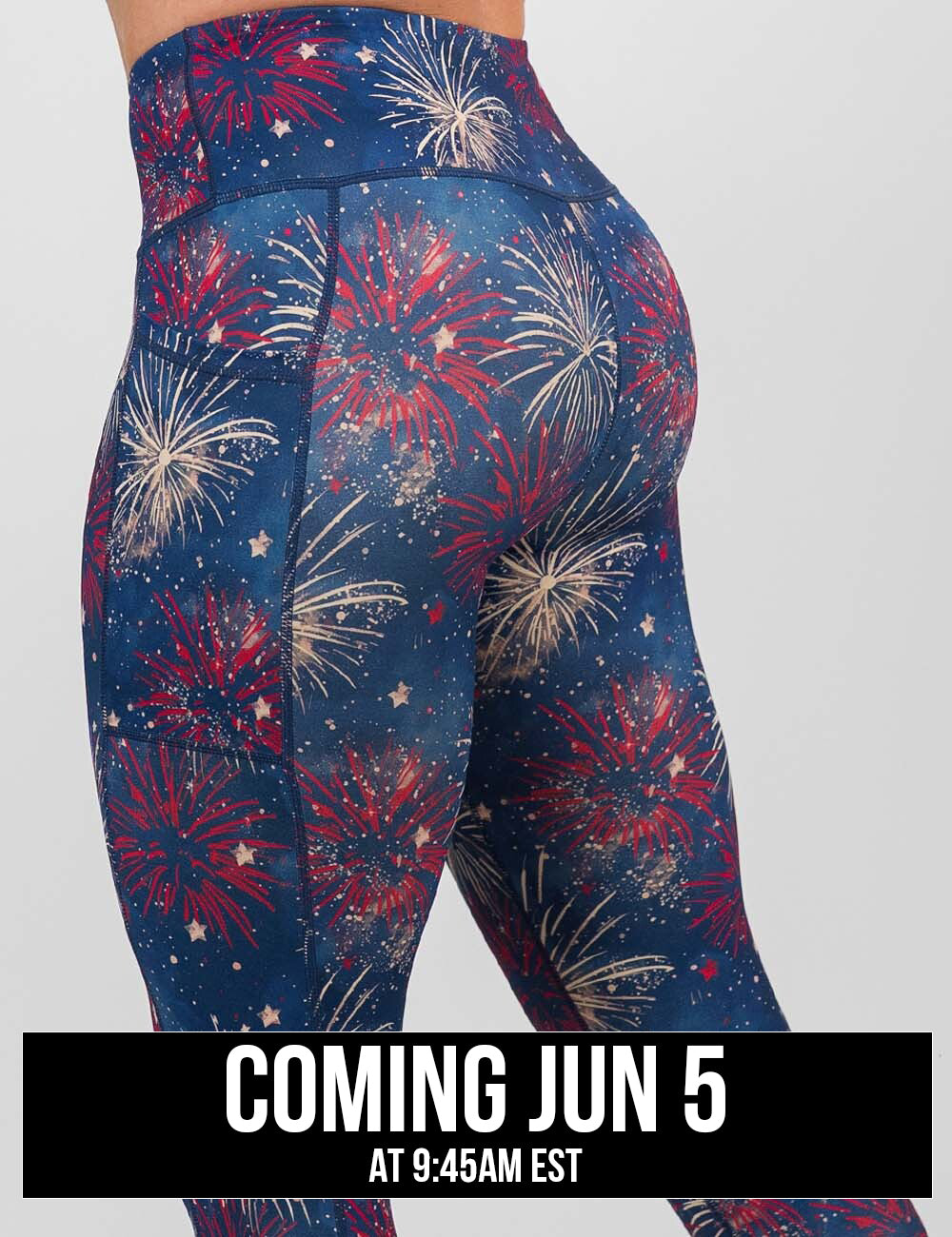 back of the blue leggings with a red and white fireworks pattern against a white background, coming june 5th