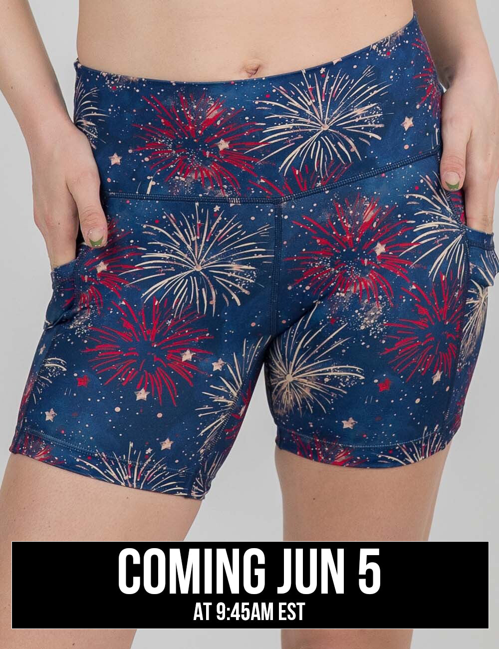 front of the blue 5 inch patriotic fireworks shorts against a white background coming june 5th