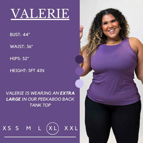 Graphic of a model showing her measurements and what size she wears for the tank Her bust is 44 inches, waist is 36 inches, hips are 52 inches, and height is 5 feet and 4 inches. She wears an extra large in the tank