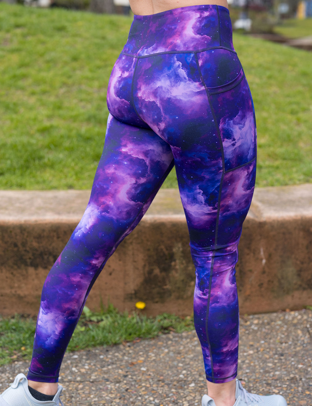back of the purple space patterned full length leggings