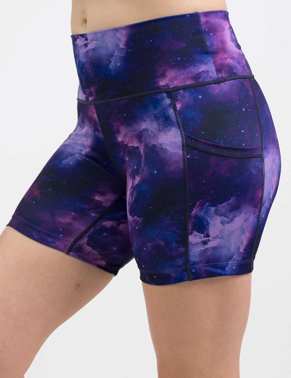 front of the purple space patterned 5 inch shorts against a white background