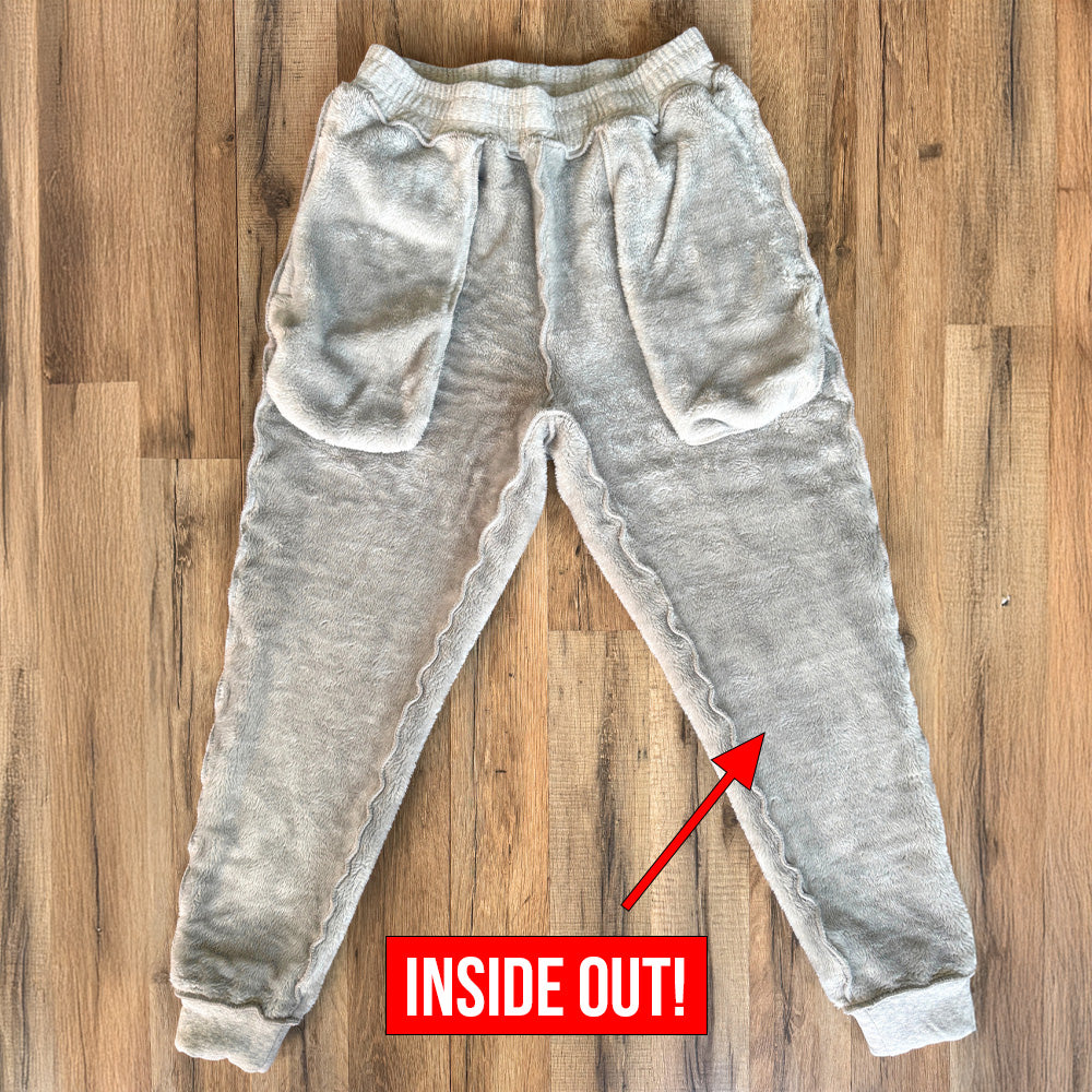 gray fleece lined rest day sweatpants inside out showcasing fleece lining