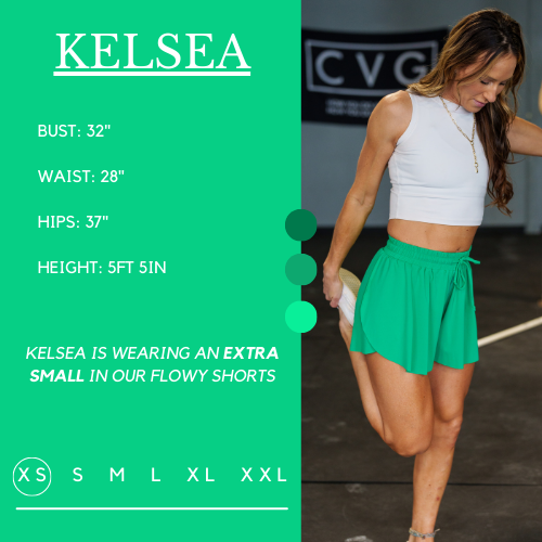 Model’s measurements of 32” bust, 28” waist, 37” hips and height of 5 ft 5 inches. She is wearing a extra small in the flowy shorts