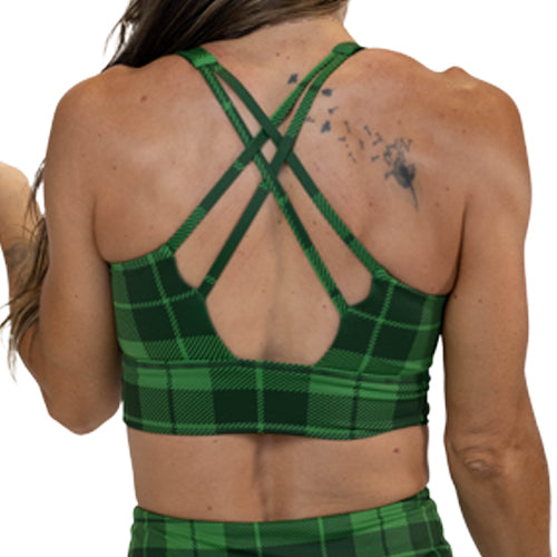 back view of the green plaid sports bra