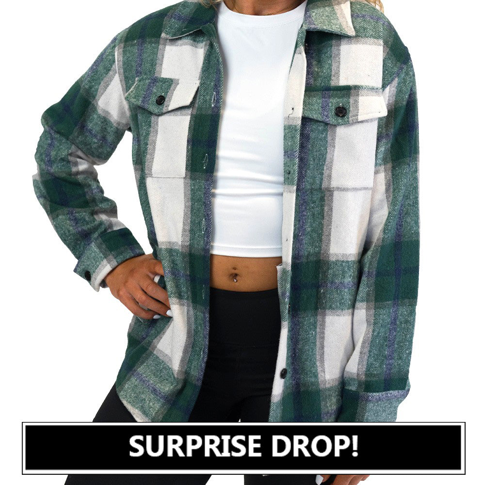 model wearing the green plaid shacket
