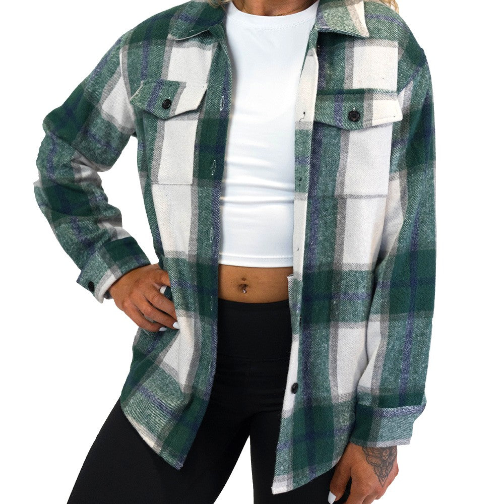 model wearing the green plaid shacket