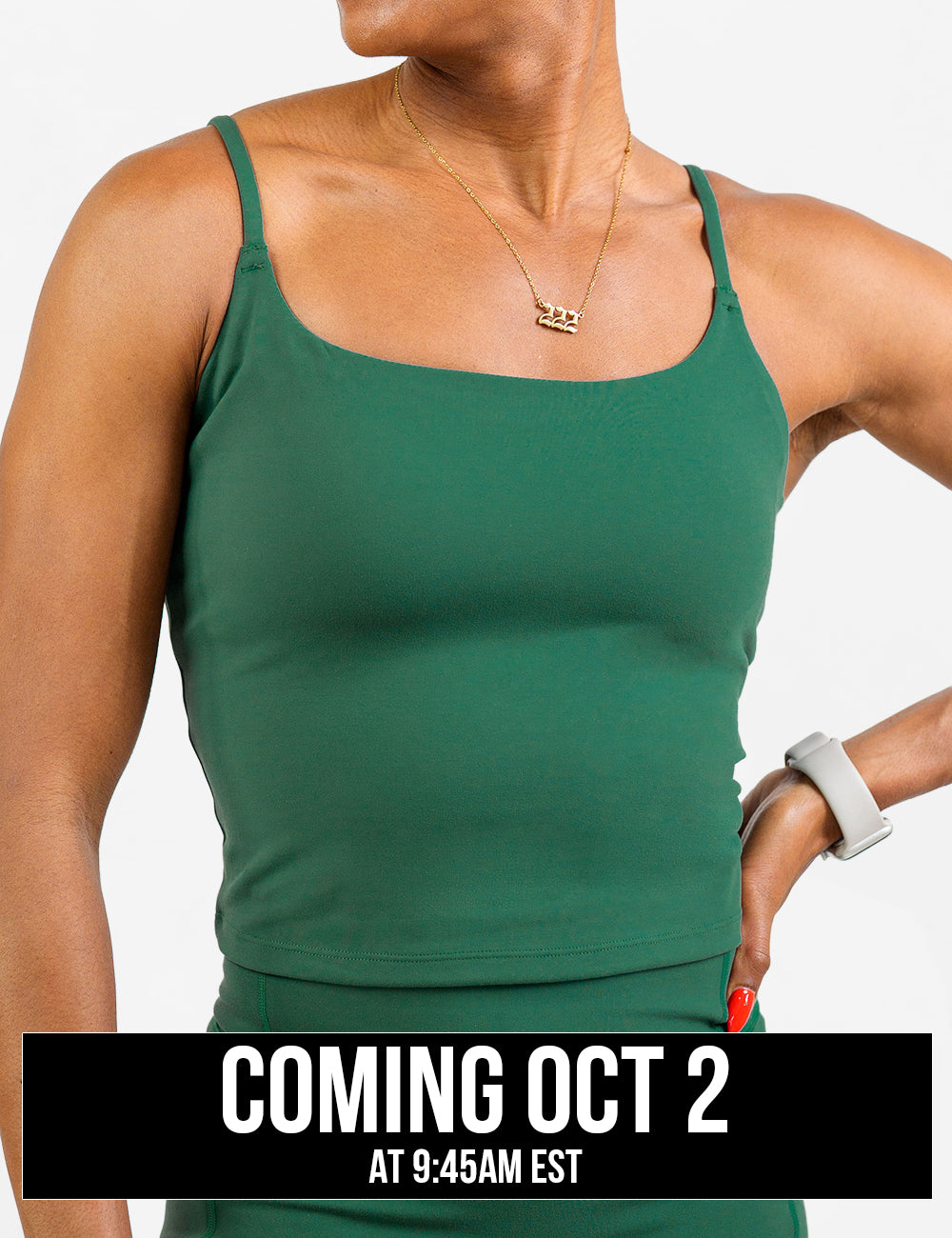 front of the green cami top against a white background, coming October 2nd