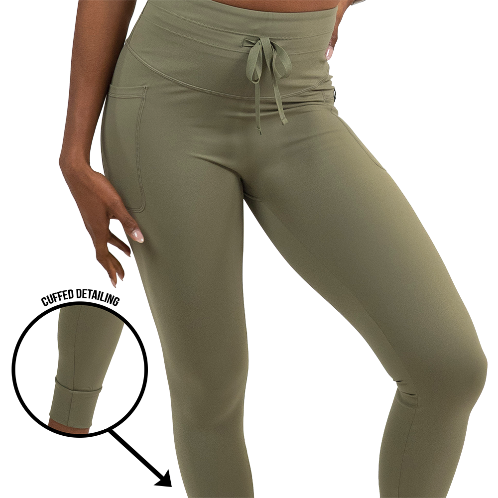 omni green tea leggings facing the front with a magnified snap shot showcasing the cuffed detailing against a white background
