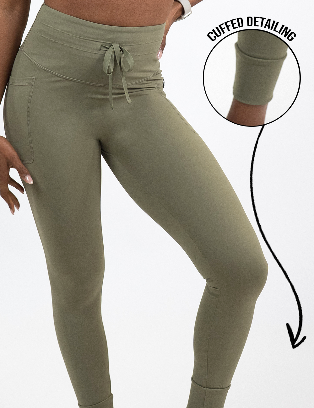 front of the omni green drawstring leggings with a zoom in on the cuffed ankle detailing
