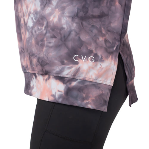close up of CVG logo on the Grey & Pink Tie Dye hoodie
