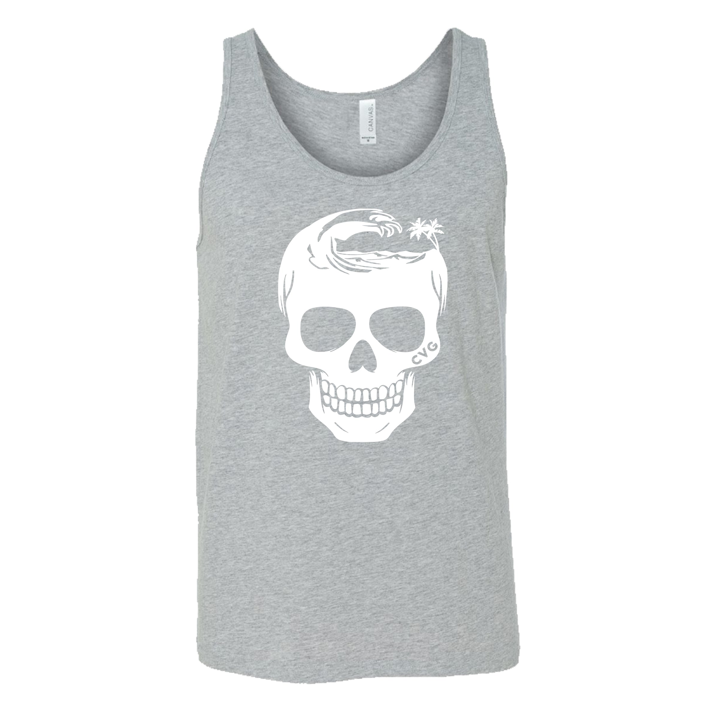grey unisex tank with tropical skull design