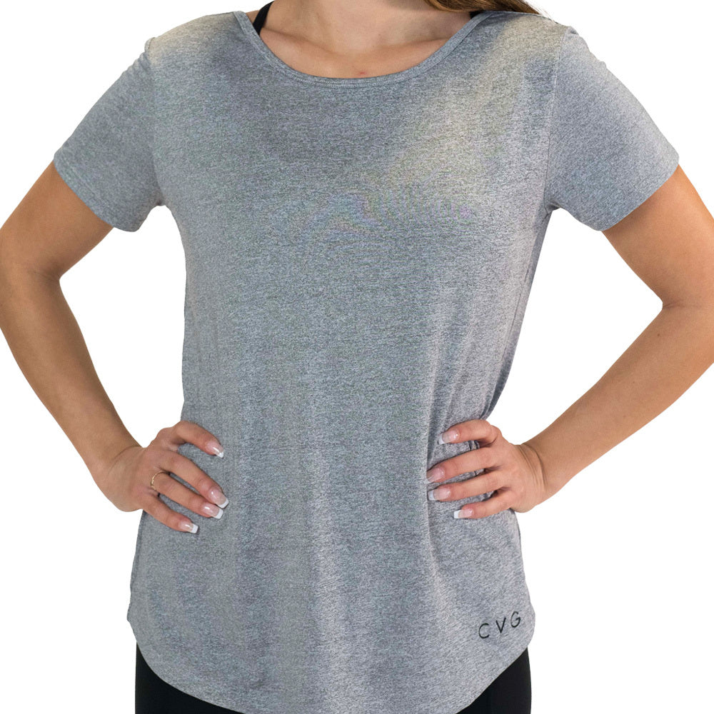 model wearing a heathered grey tee