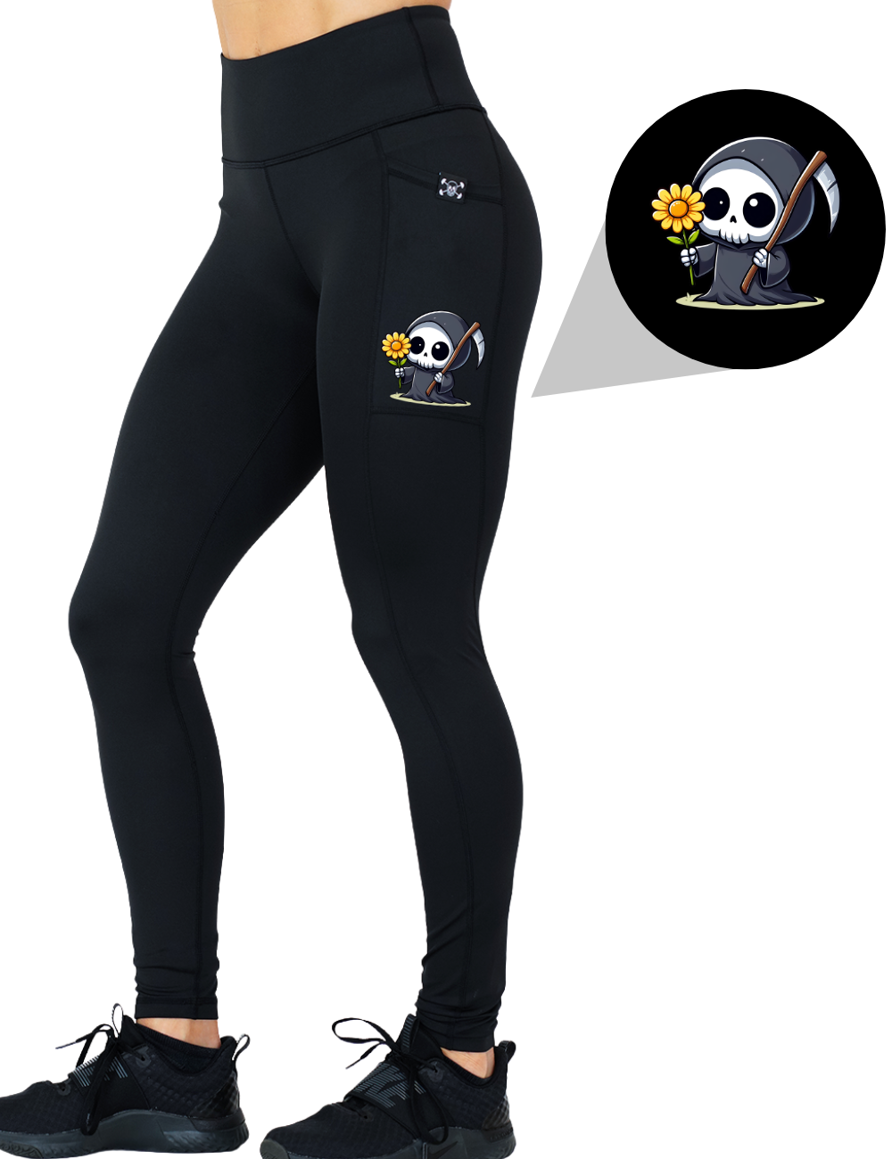 model wearing the full length grim reaper graphic solid black leggings against a white background