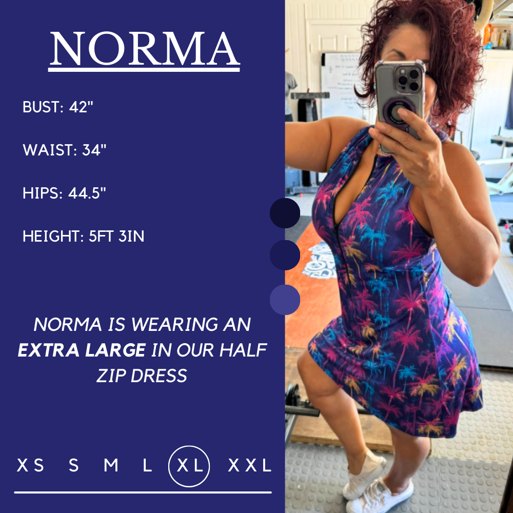 Model’s measurements of 42” bust, 34” waist, 44.5” hips and height of 5 ft 3 inches. She is wearing a size xl in our dress