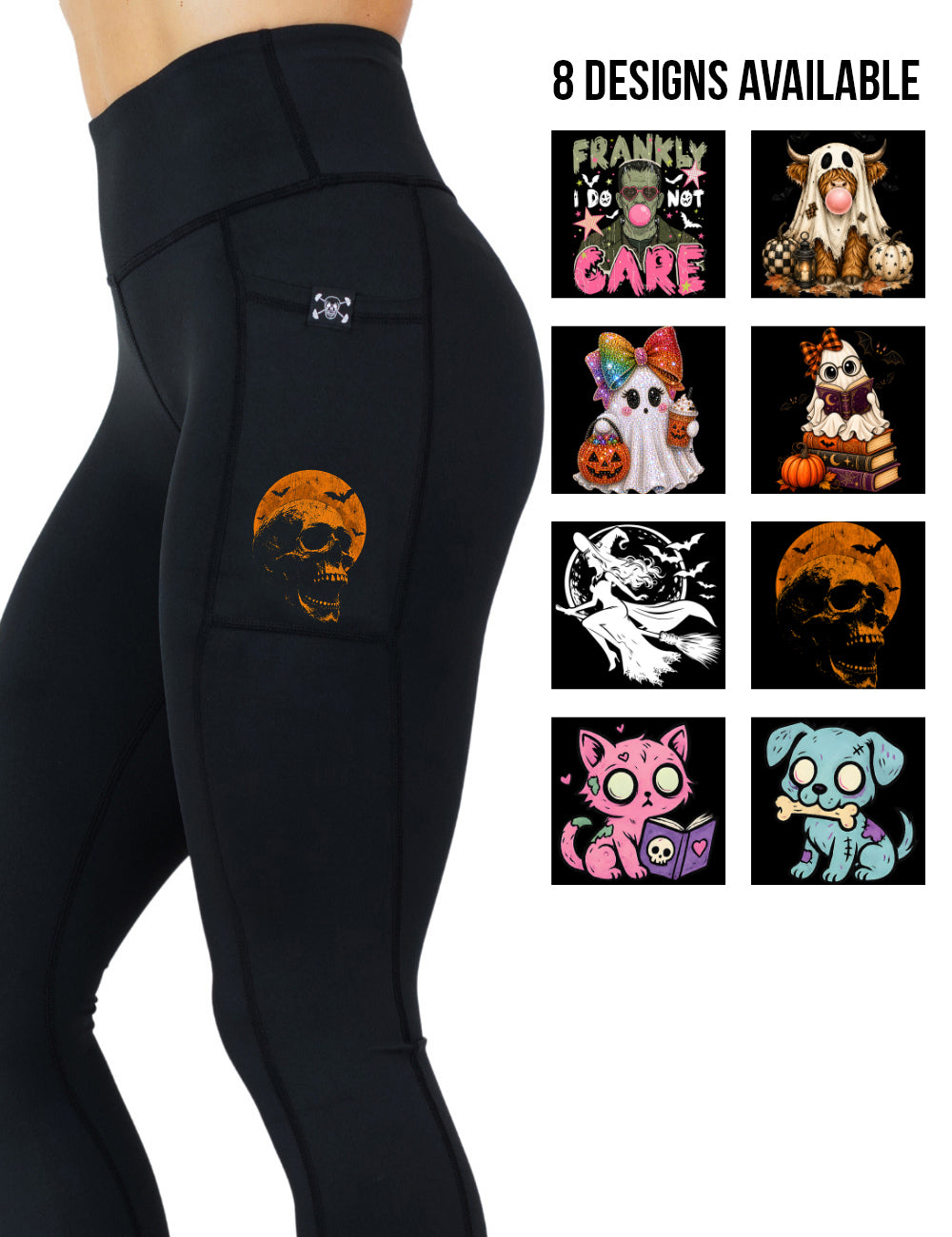 front of the black leggings featuring one of the eight new Halloween themed graphic designs