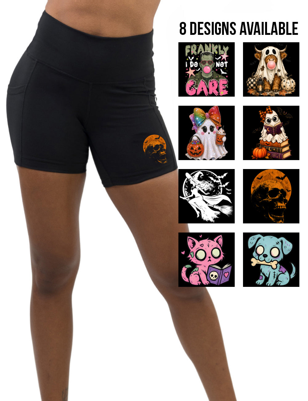 front of the black shorts featuring one of the eight new Halloween themed graphic designs