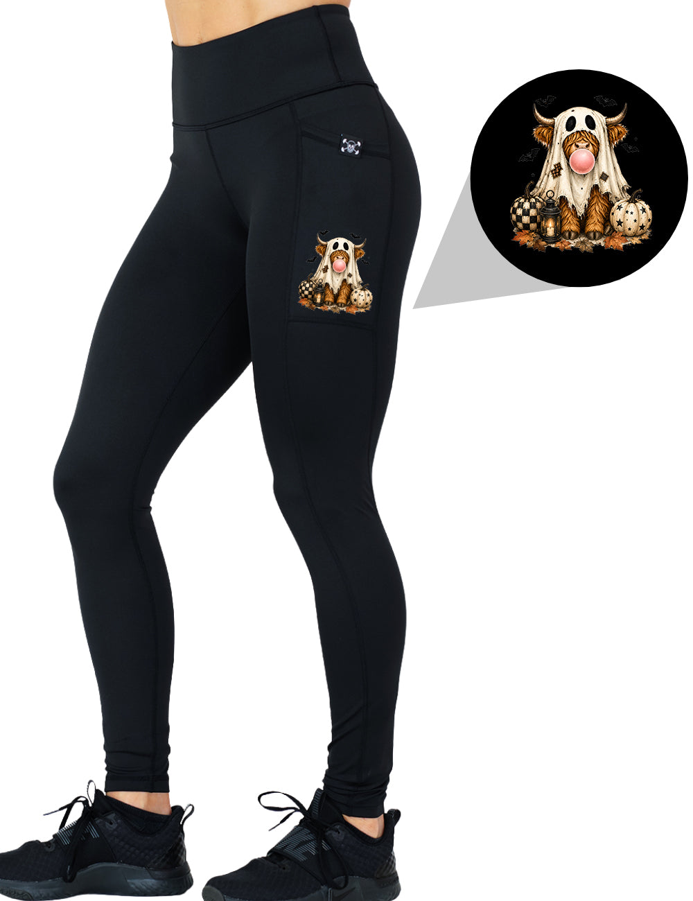 front of the spooky ghost cow graphic full length leggings