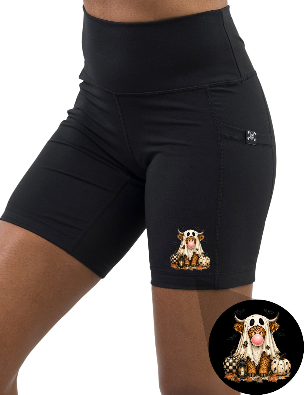 front of the spooky ghost cow graphic 7 inch shorts