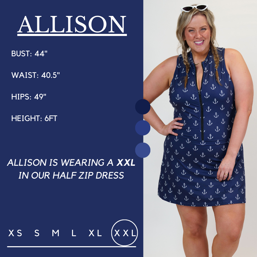 Model's measurements of 44 inch bust, 40.5 inch waist, 49 inch hips, and height of 6 foot. She is wearing a size xx-large in our half zip dress