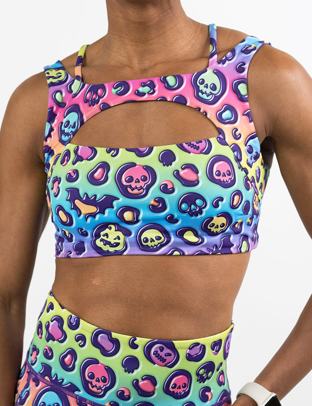 front of the rainbow leopard print pumpkins and skulls bra against a white background