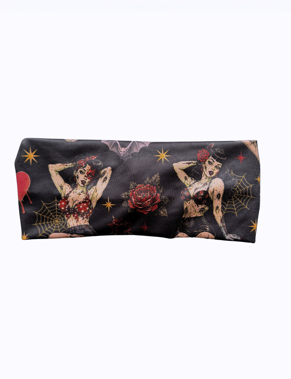 front of the zombie girls with pin up hair and traditional tattoo designs headband against a white background