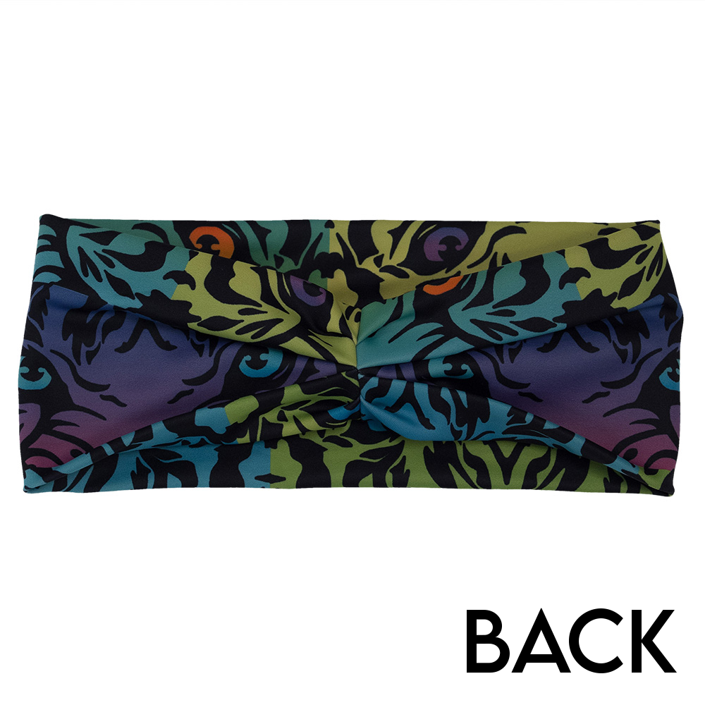 back of the rainbow tiger print headband against a white background