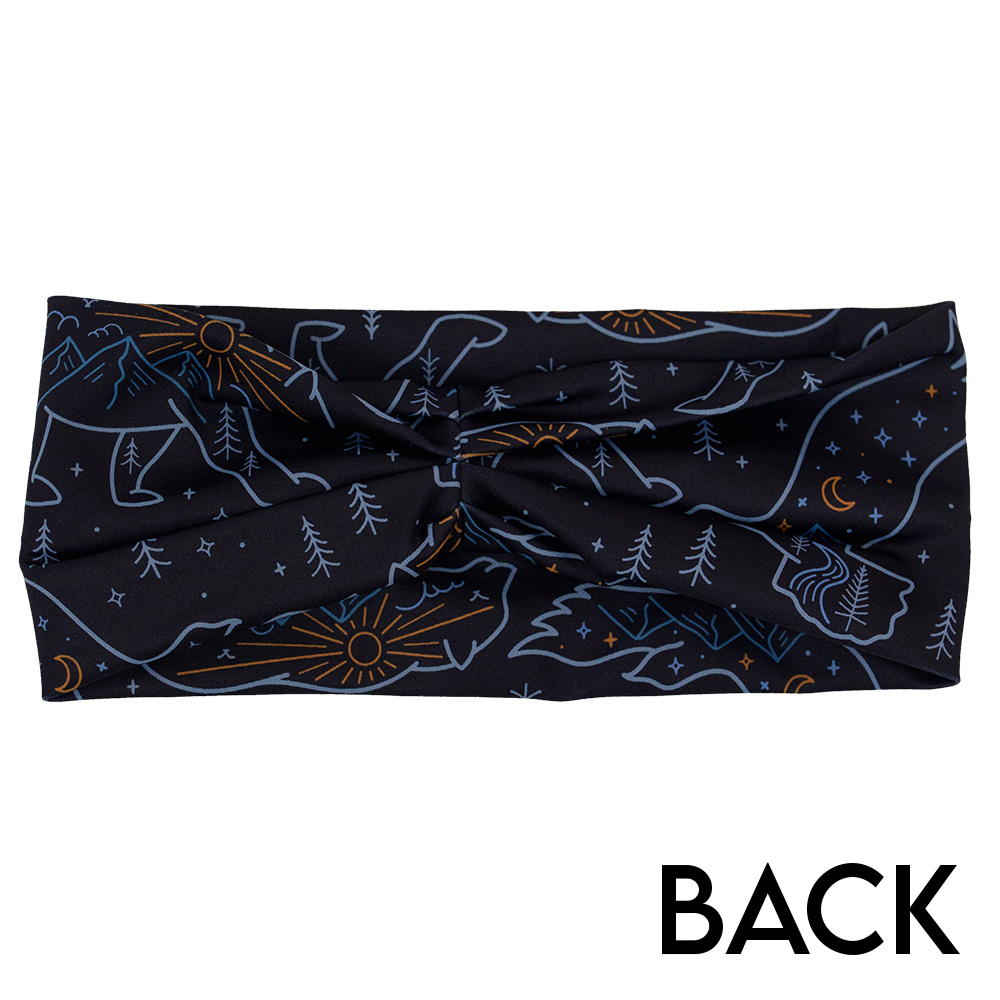 back of the bird and bear outlines against a dark background headband against a white background