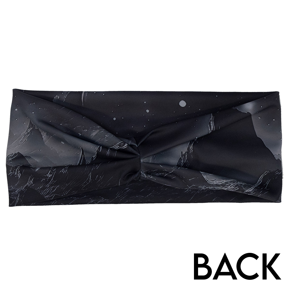 back of the black headband with a mountain and star pattern against a white background