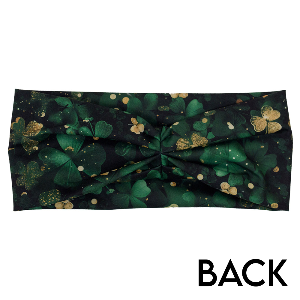 back of the green and gold shamrock patterned headband against a white background