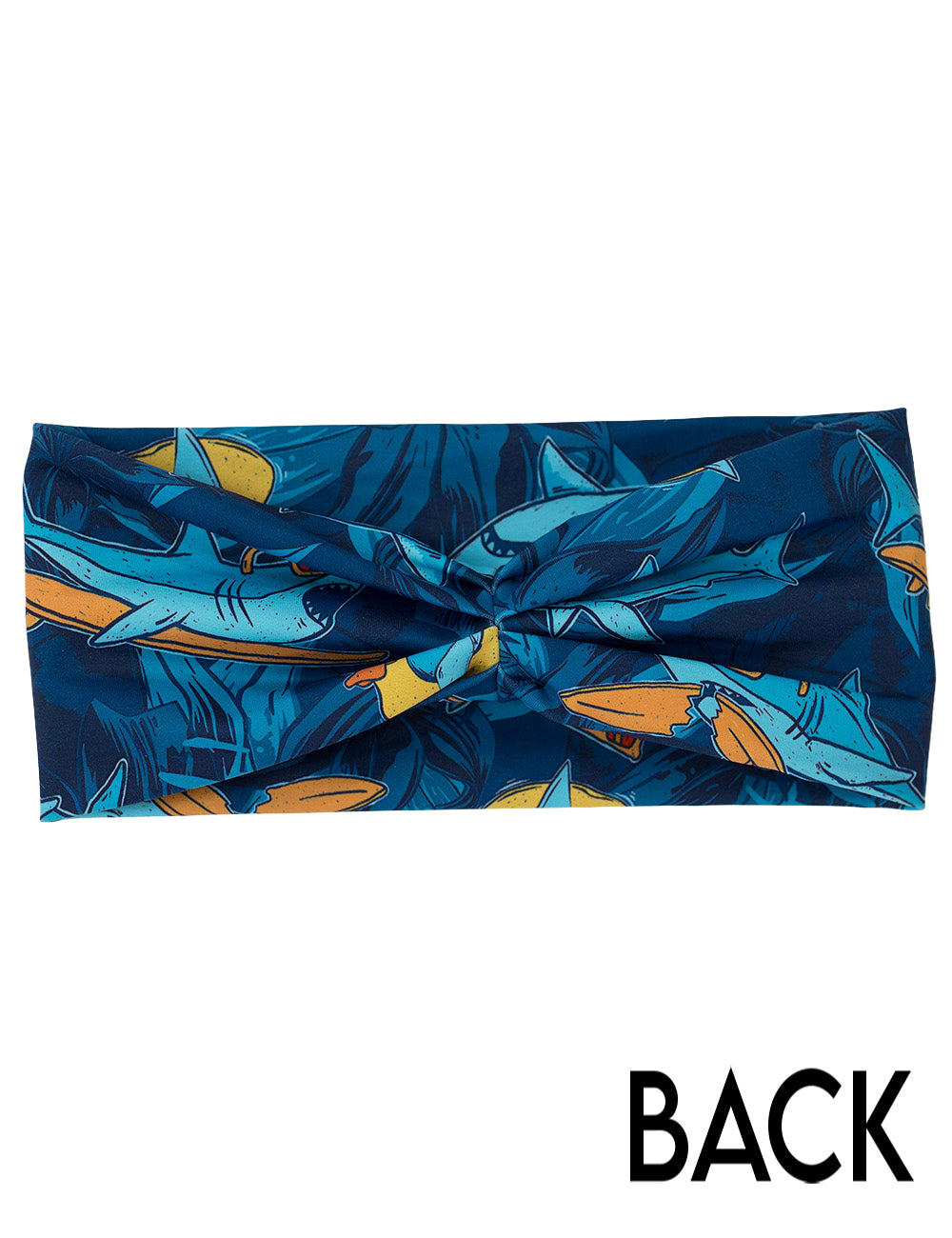 back of the cartoon sharks surfboarding with sunglasses against a white background