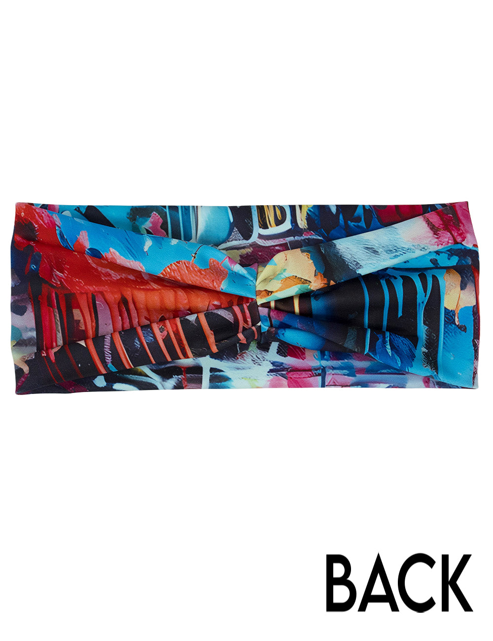 back of the multicolored graffiti pattern headband against a white background