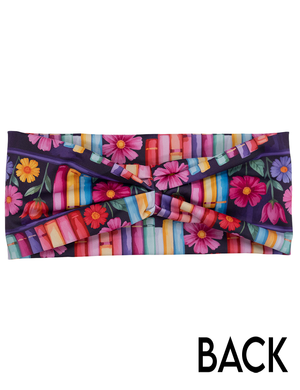 back of the brightly colored books and flowers print headband
