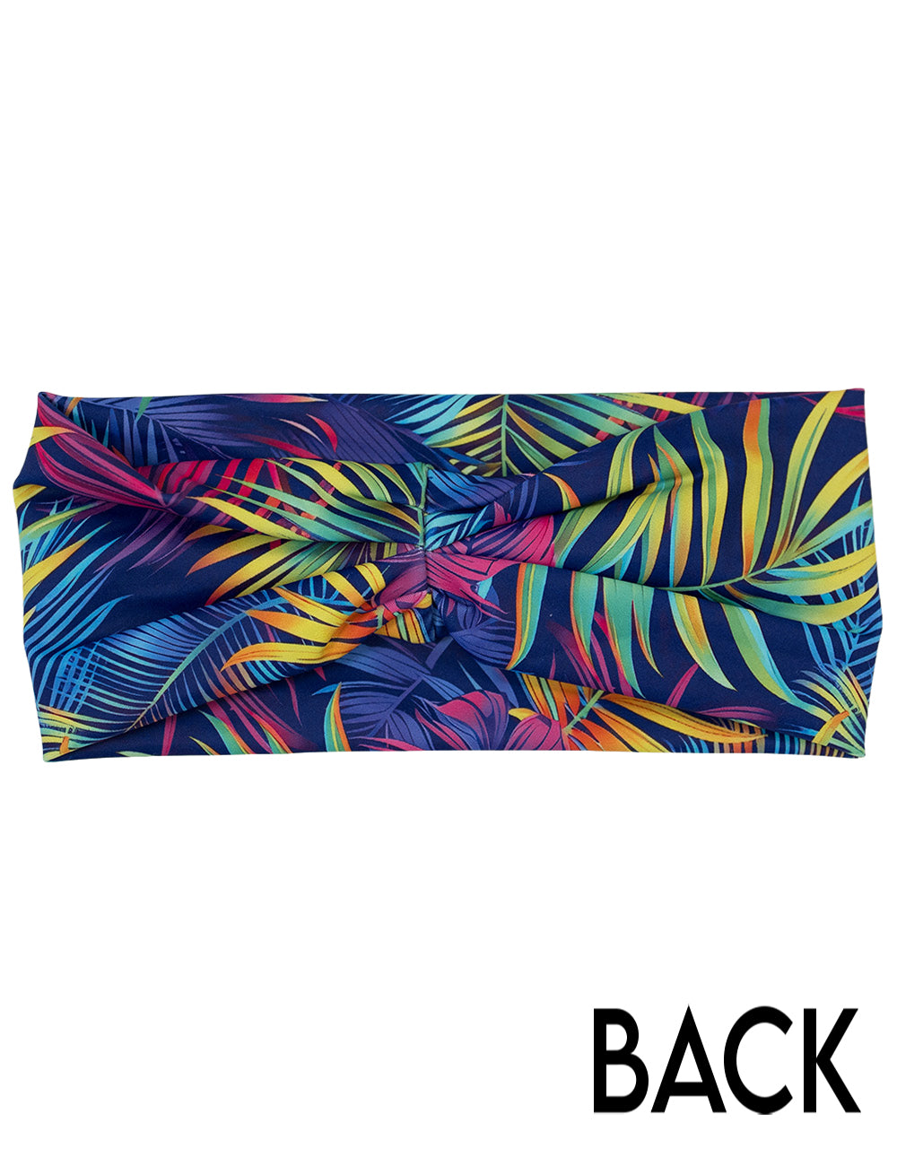 back of the vibrant tropical leaves headband against a white background