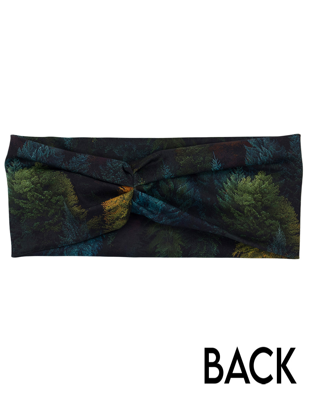back of the orange, green, and bluish green trees headband against a white background