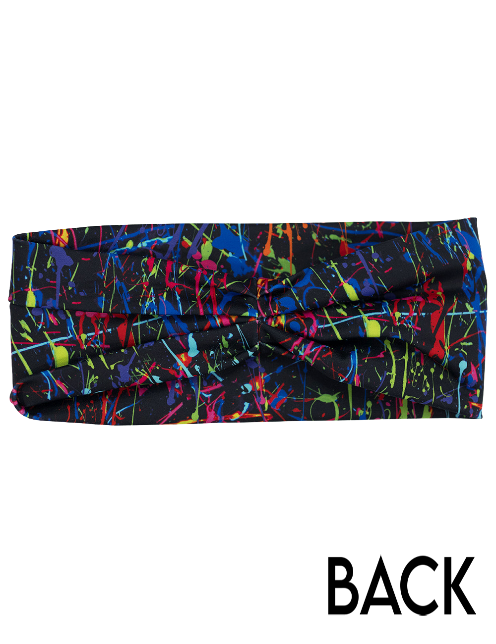 back of the rainbow paint splatter against a black background headband