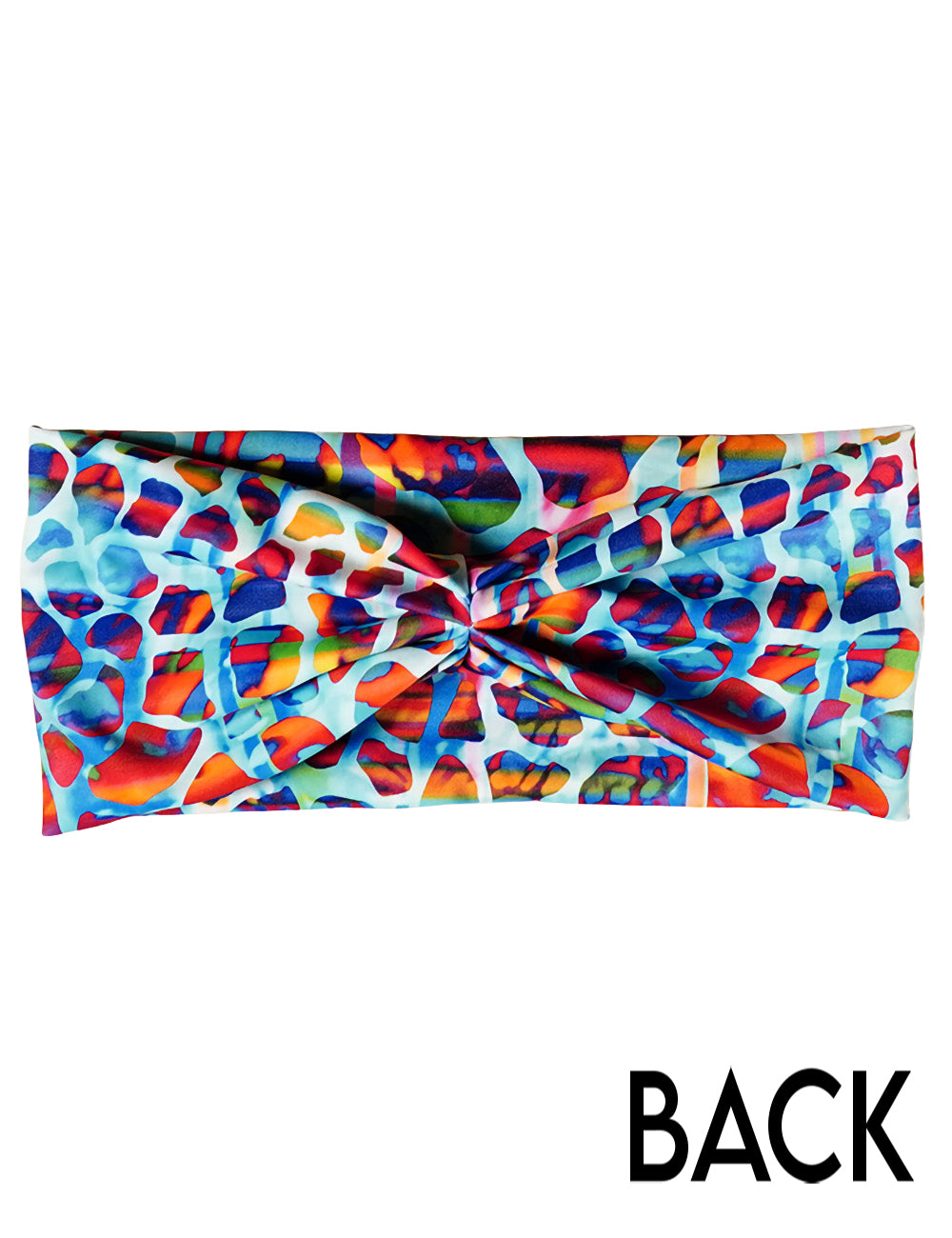 back of the red, orange, green, and yellow abstract mosaic pattern headband against a white background