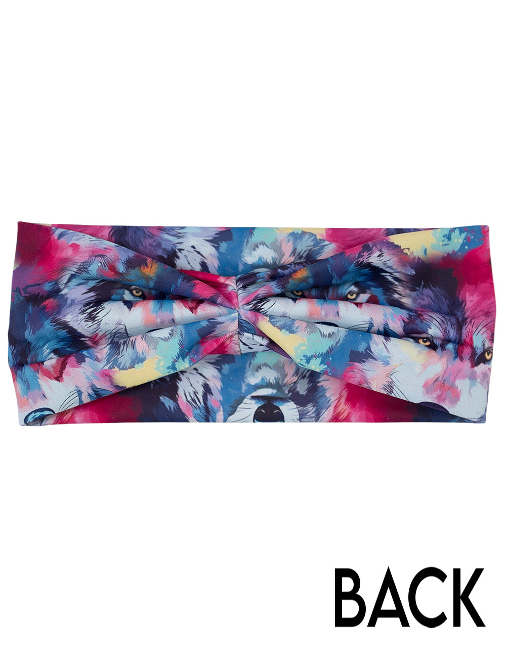 back of the watercolor red, white, blue, and yellow wolves headband against a white background