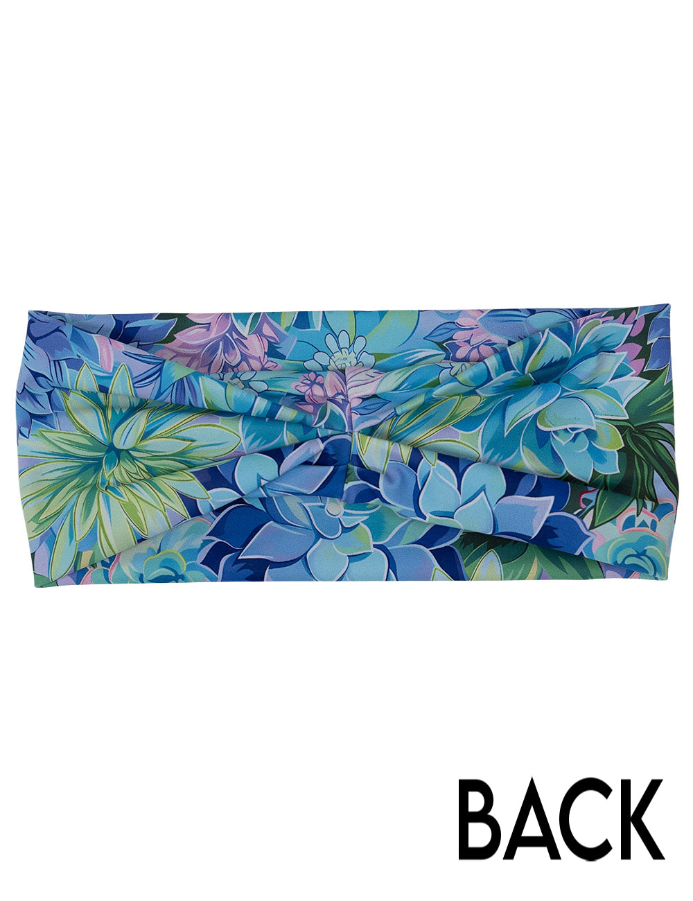 back of the blue toned flower headband against a white background