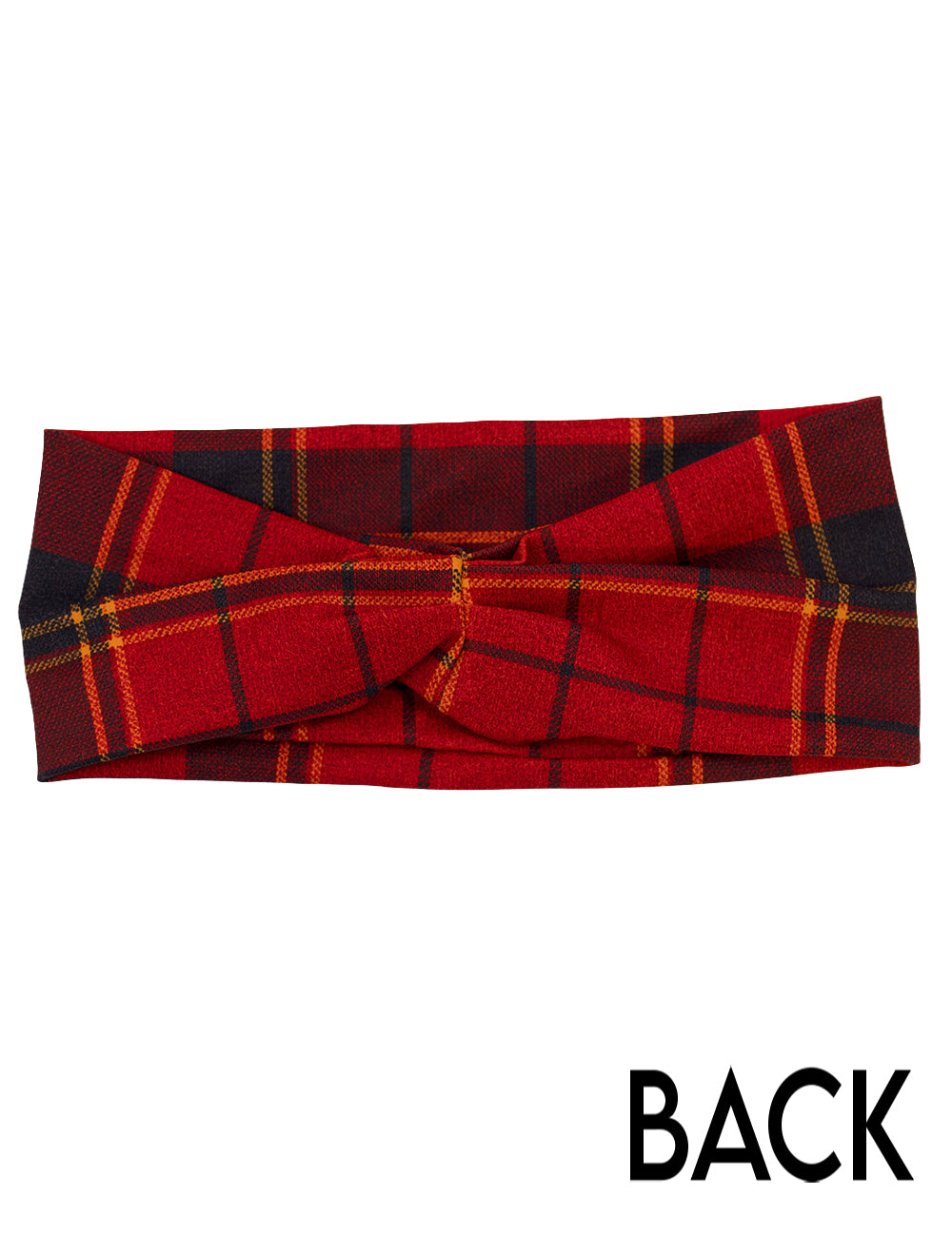 back of the red, dark red, and yellow plaid headband
