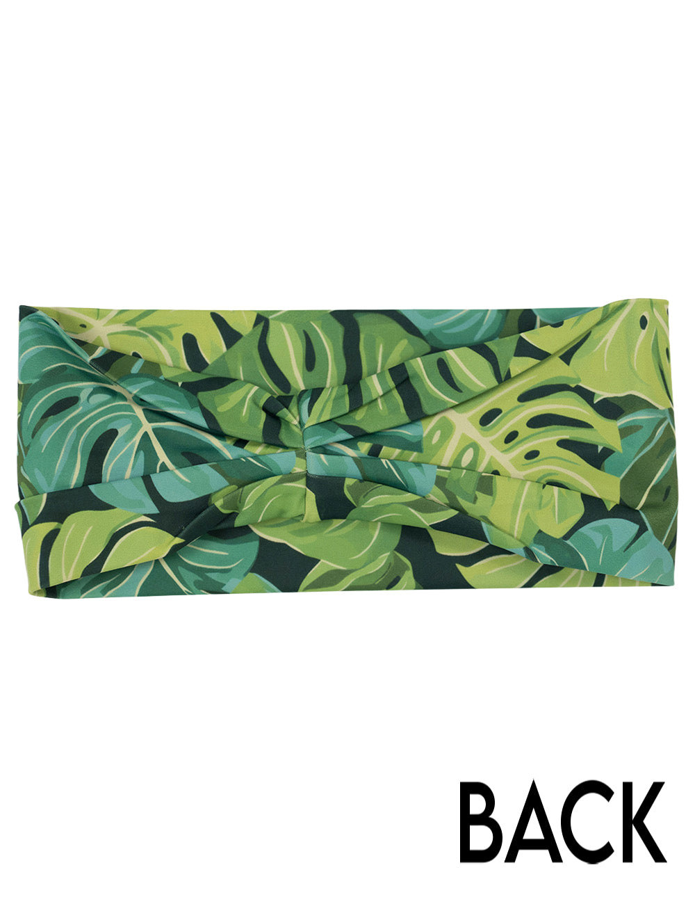 back of the green tropical leaves headband against a white background